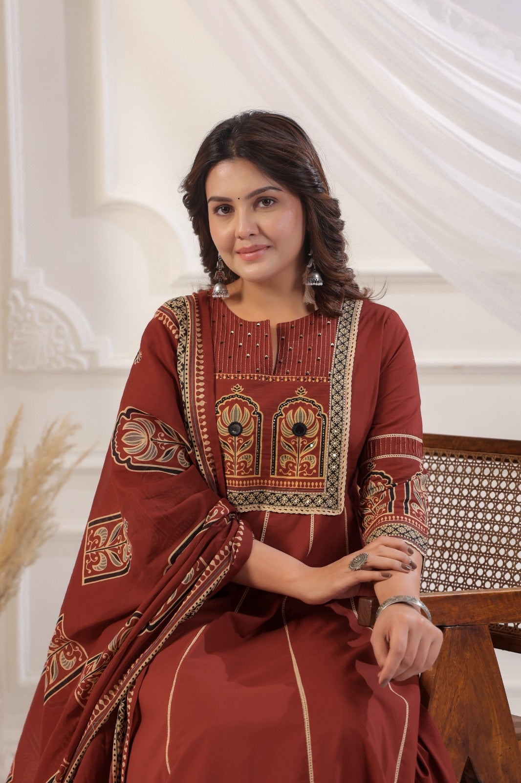 Rukmini Rust Red Cotton Anarkali Suit Set For Women