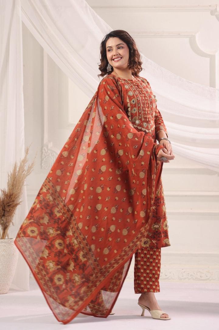 Satya Rust Cotton Straight Suit Set For Women