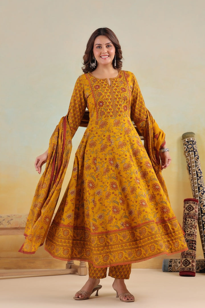 Aadhya Mustard Cotton Anarkali Suit Set