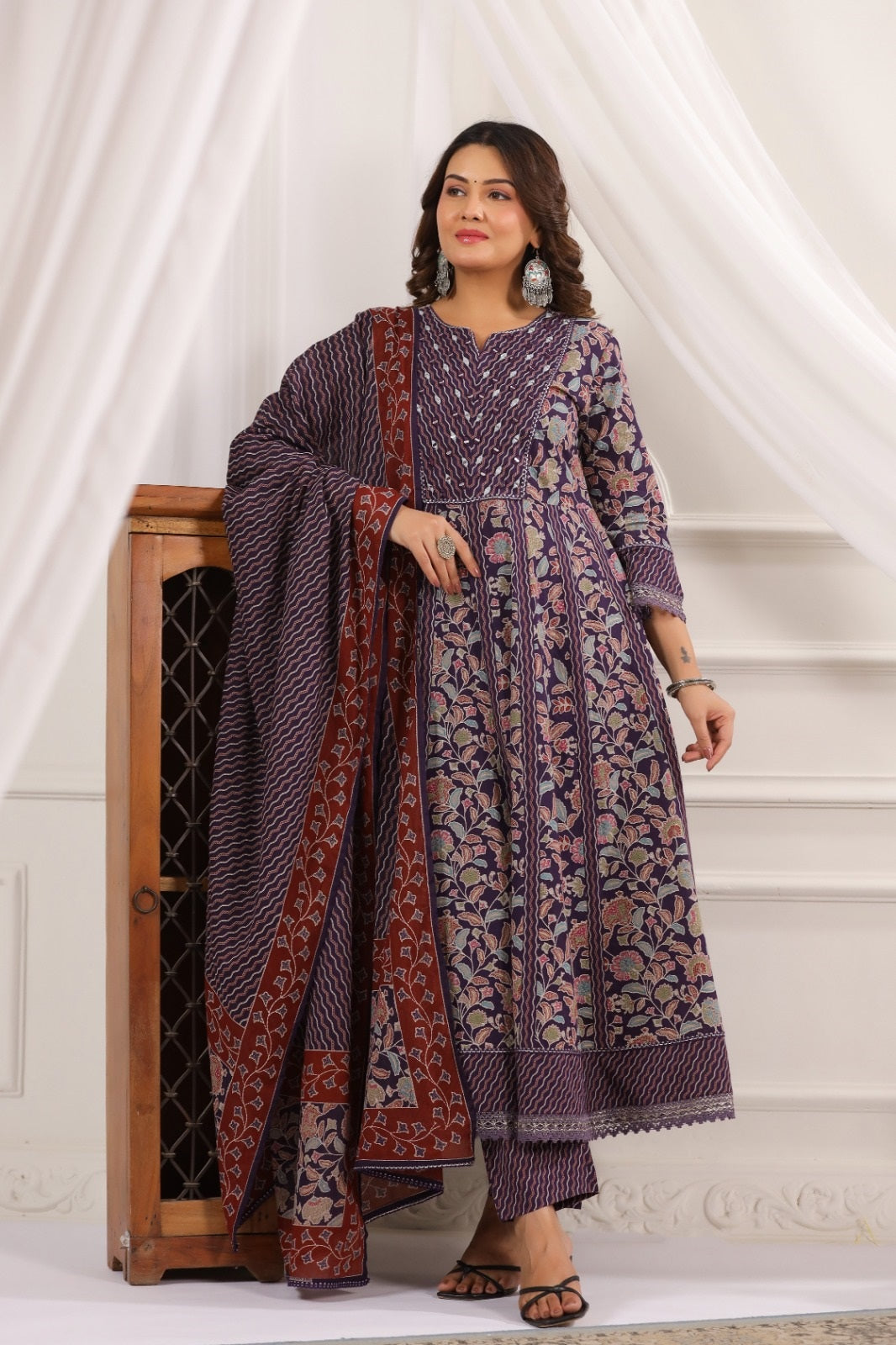 Saanvi Violet Cotton Anarkali Suit Set For Women