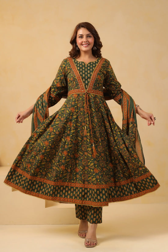 Zohra Green Premium Cotton Anarkali Suit Set
