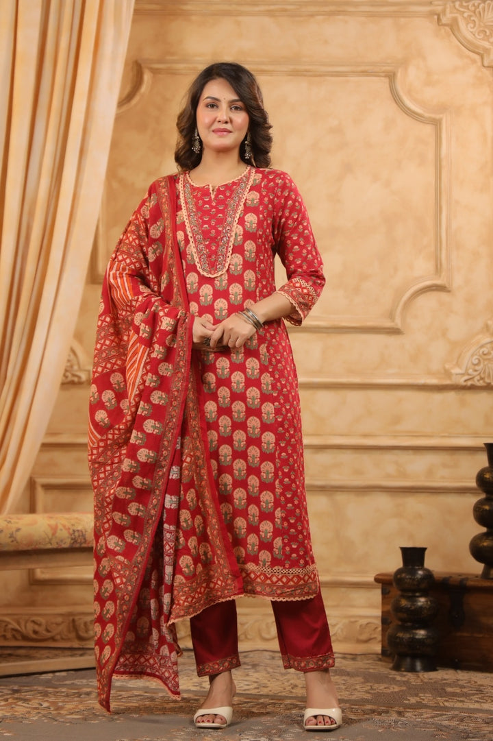 Hania Red Premium Cotton Handblock Printed Suit Set