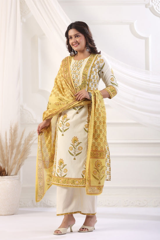 Simran Yellow Cotton Straight Suit Set For Women