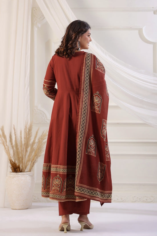 Rukmini Rust Red Cotton Anarkali Suit Set For Women