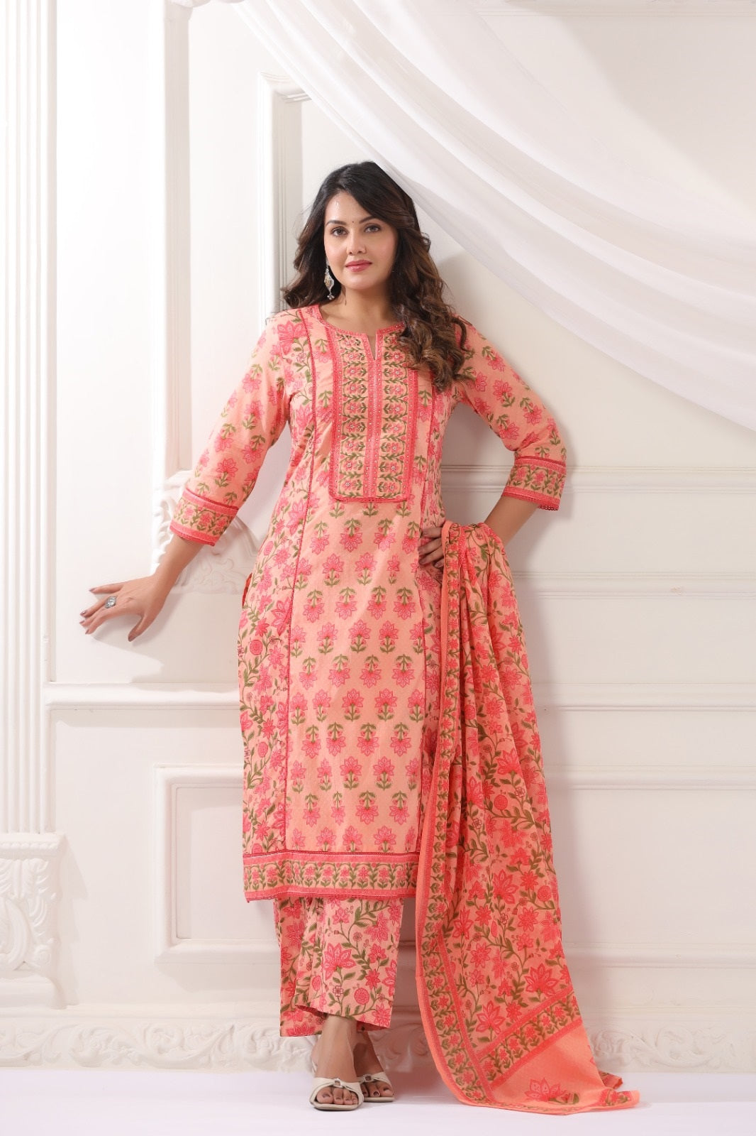 Kanishka Peach Cotton Suit Set For Women