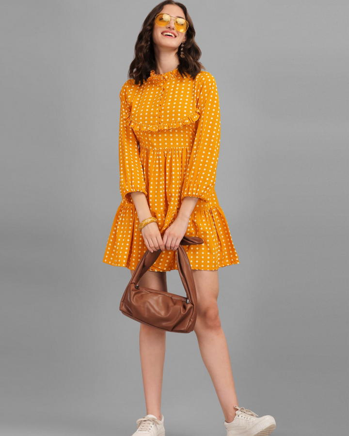 Iris High Neck Mustard Yellow Short Dress