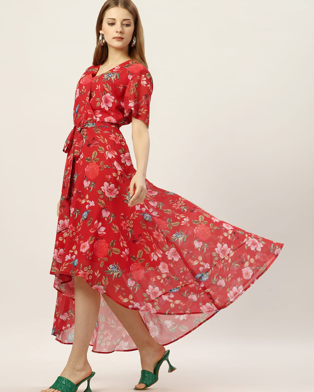 Melon Red Maxi Dress with Belt