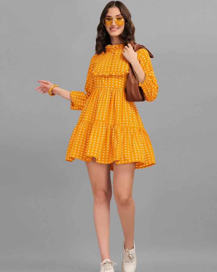 Iris High Neck Mustard Yellow Short Dress