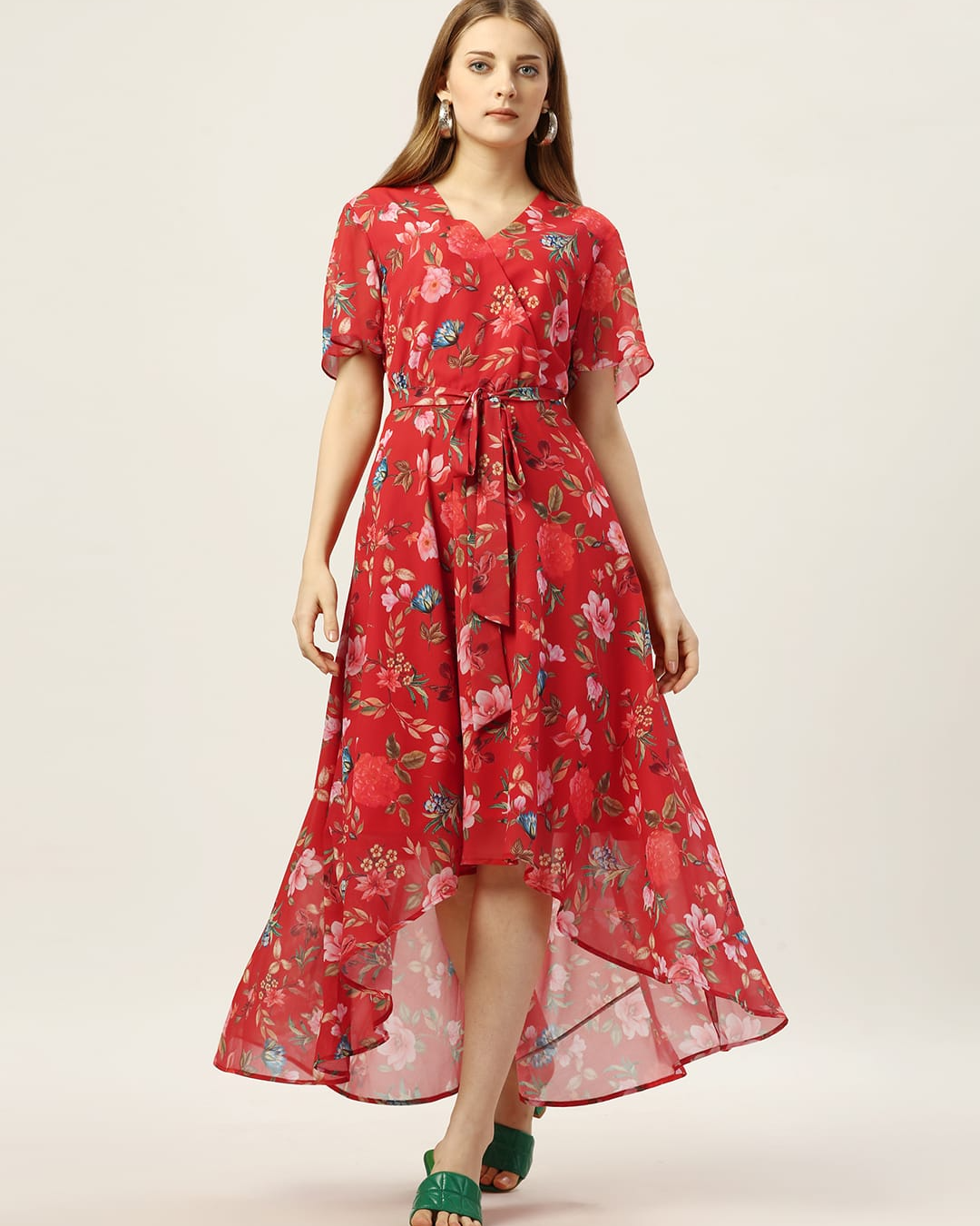 Melon Red Maxi Dress with Belt
