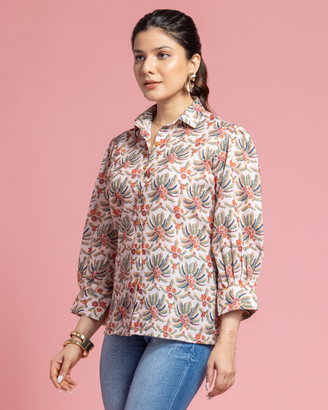 Earthy Printed Shirt with Mandarin Collar