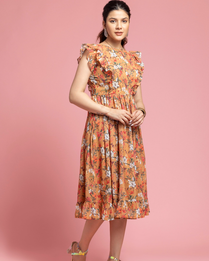 Ruffled Sleeve Mustard Midi Dress