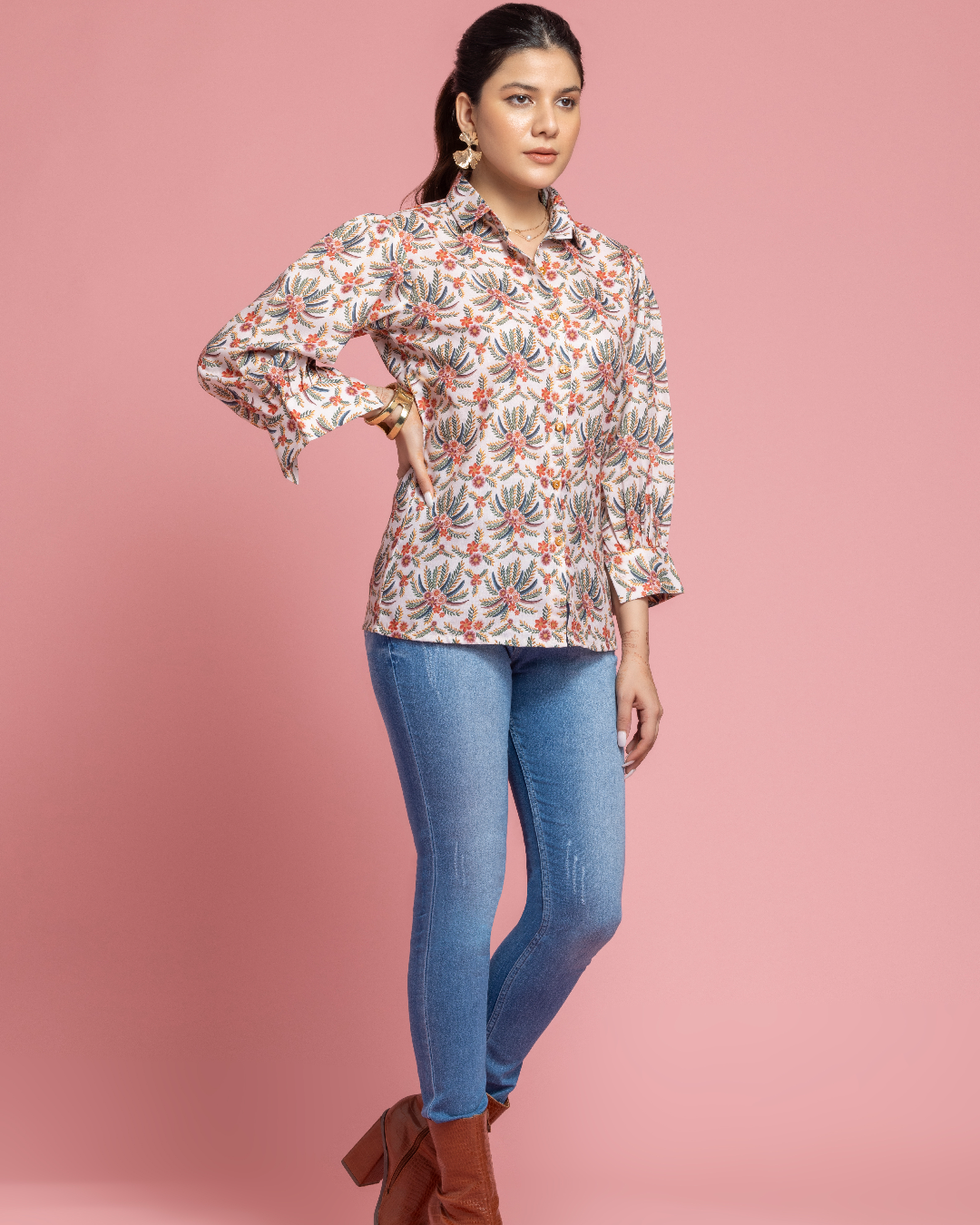 Earthy Printed Shirt with Mandarin Collar