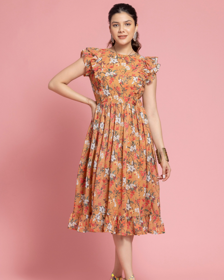 Ruffled Sleeve Mustard Midi Dress