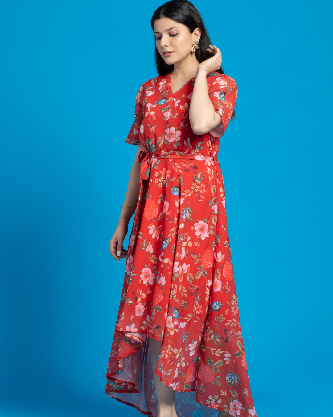 Melon Red Maxi Dress with Belt