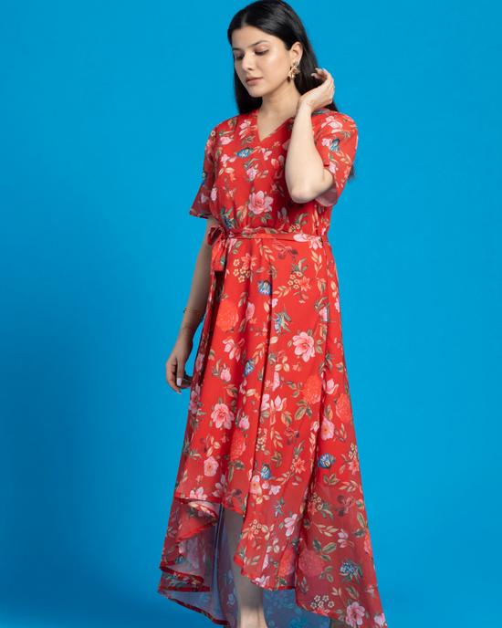 Melon Red Maxi Dress with Belt