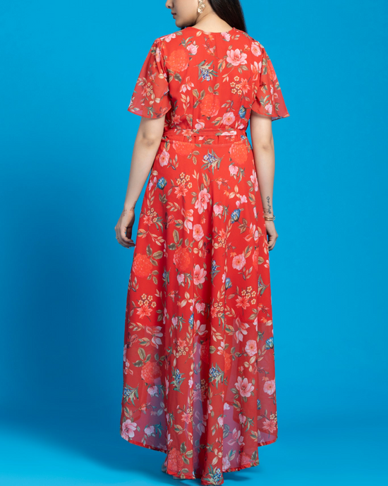 Melon Red Maxi Dress with Belt