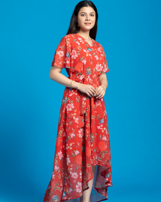 Melon Red Maxi Dress with Belt