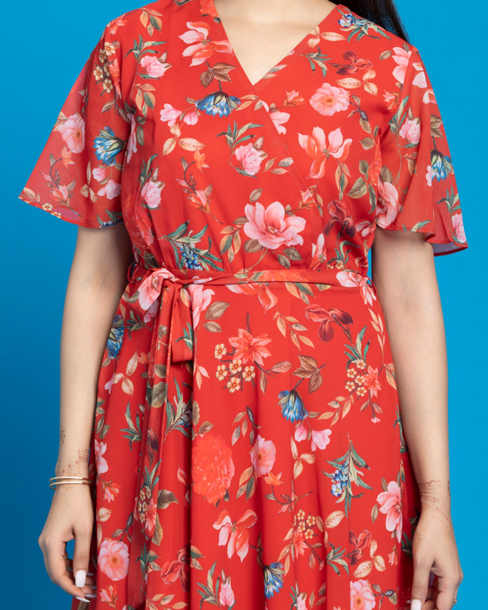 Melon Red Maxi Dress with Belt