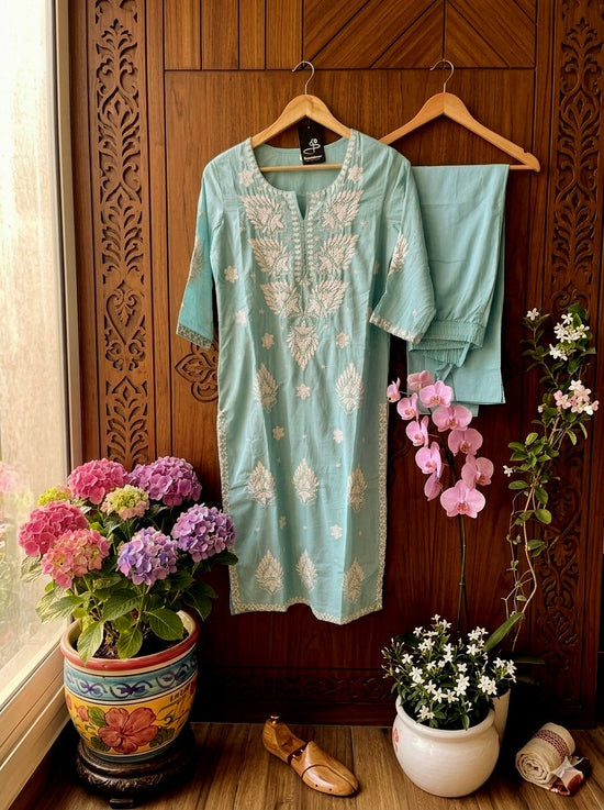 Akshara Turquoise Blue Mul Cotton Lucknowi Embroidery Salwar Suit Set For Women