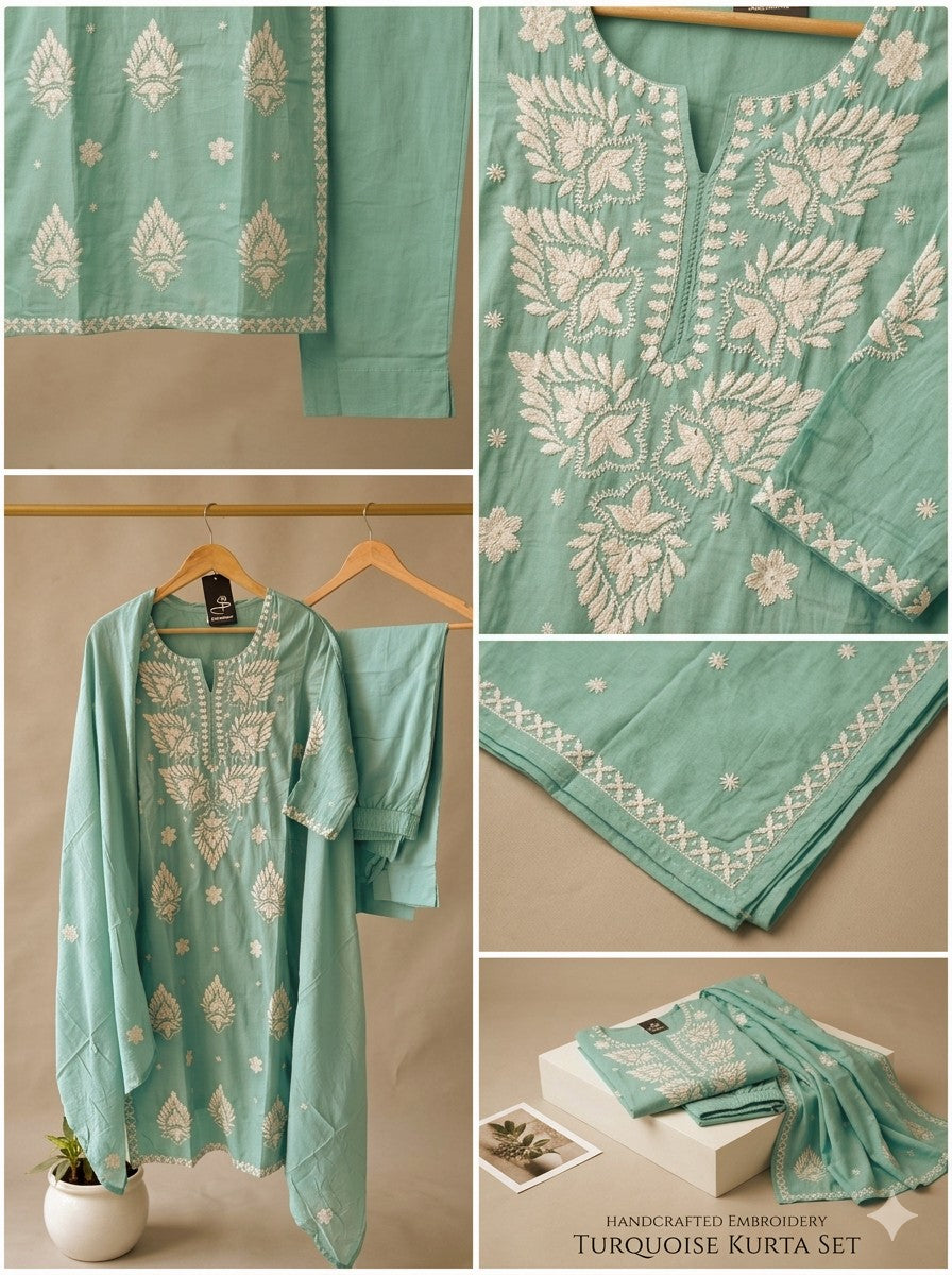 Akshara Turquoise Blue Mul Cotton Lucknowi Embroidery Salwar Suit Set For Women