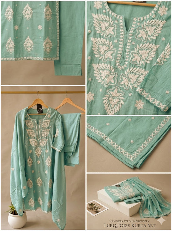 Akshara Turquoise Blue Mul Cotton Lucknowi Embroidery Salwar Suit Set For Women