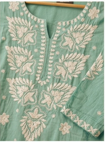 Akshara Turquoise Blue Mul Cotton Lucknowi Embroidery Salwar Suit Set For Women