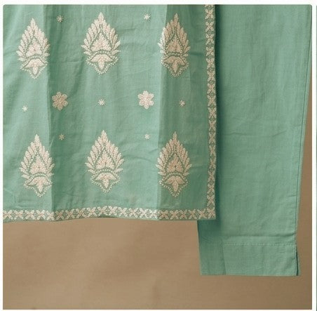 Akshara Turquoise Blue Mul Cotton Lucknowi Embroidery Salwar Suit Set For Women