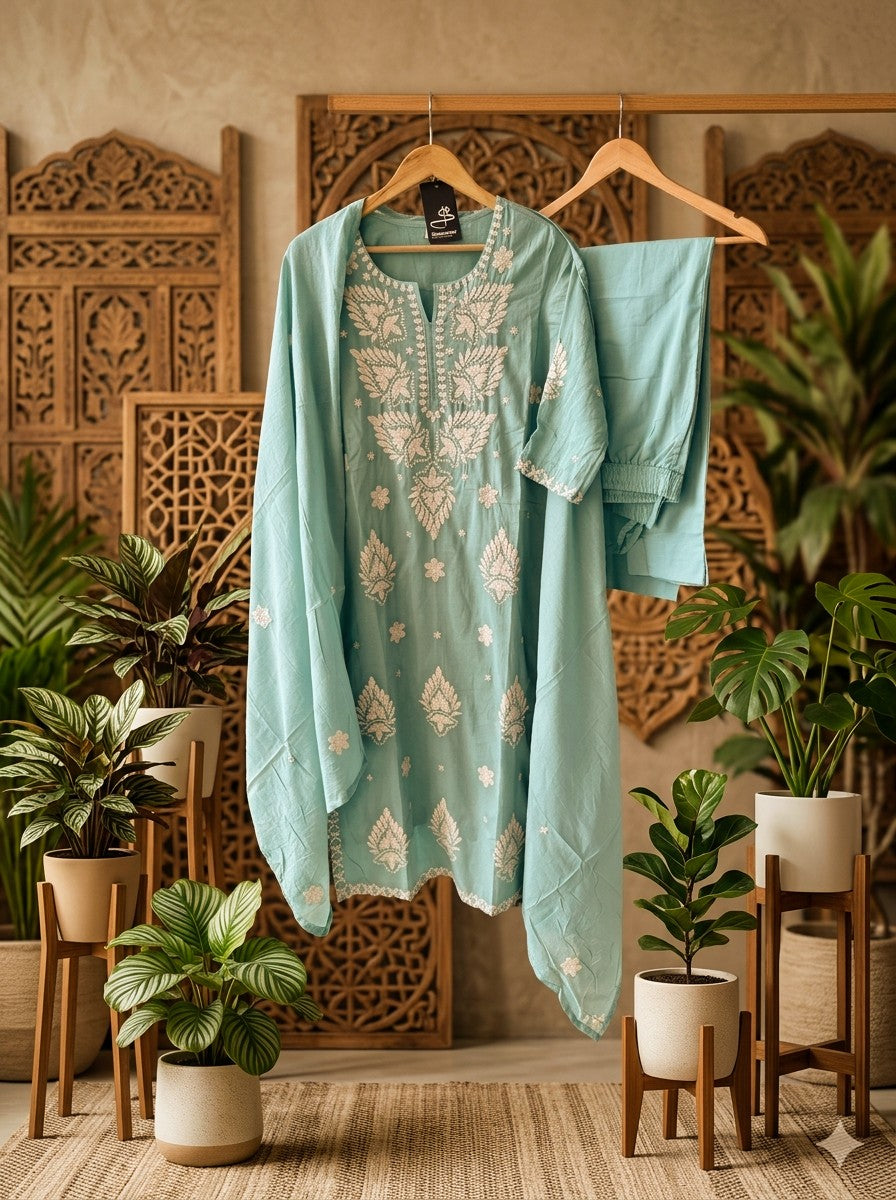 Akshara Turquoise Blue Mul Cotton Lucknowi Embroidery Salwar Suit Set For Women
