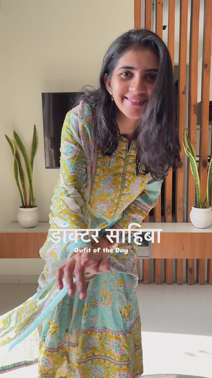 Ayana Aqua Blue Cotton Anarkali Suit Set For Women