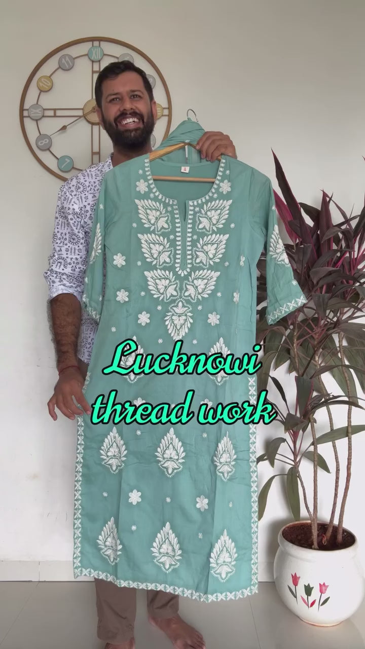 Akshara Turquoise Blue Mul Cotton Lucknowi Embroidery Salwar Suit Set For Women