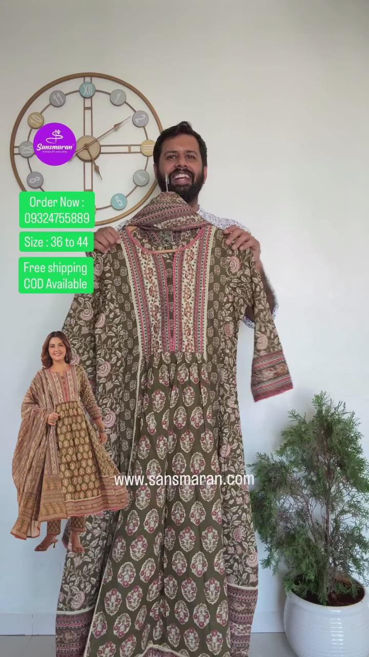 Rajeshwari Mehendi Colour Cotton Anarkali Suit Set For Women