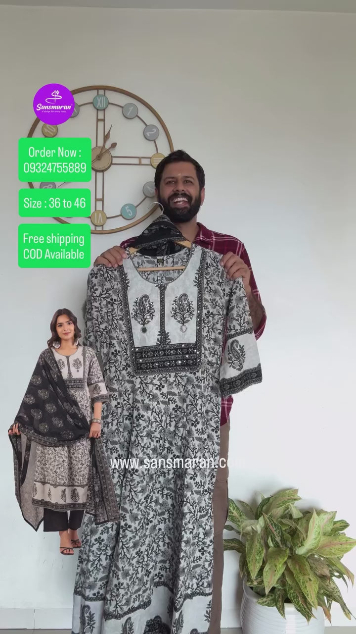 Yuvika Grey Cotton Anarkali Suit Set For Women