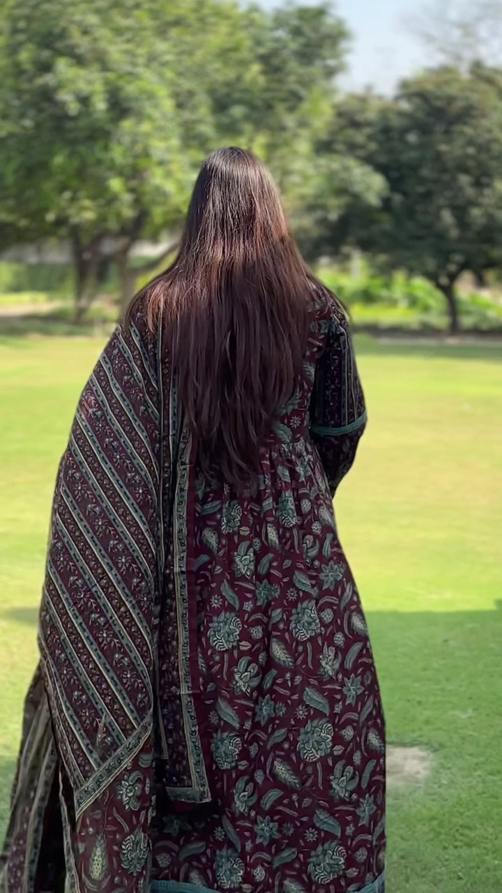 Ruhi Wine Cotton Anarkali Suit Set