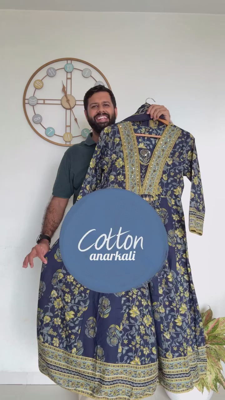 Dhara Blue Cotton Anarkali Suit Set