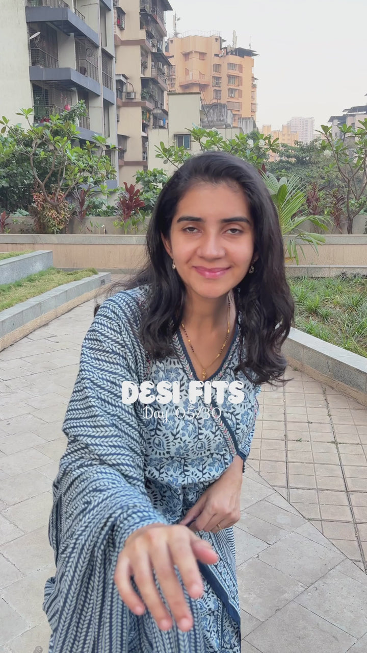 Maya Indigo Blue Cotton A Line Suit Set For Women