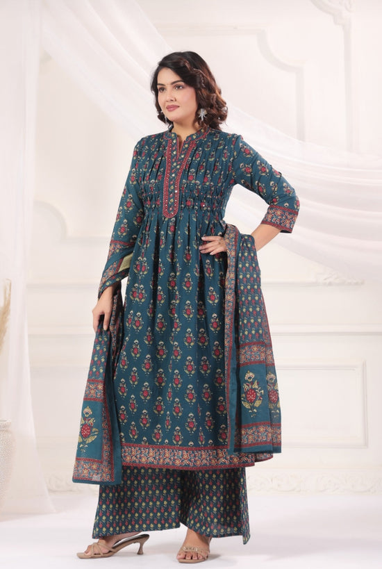 Bhanu Blue Cotton A Line Suit Set With Pockets For Women