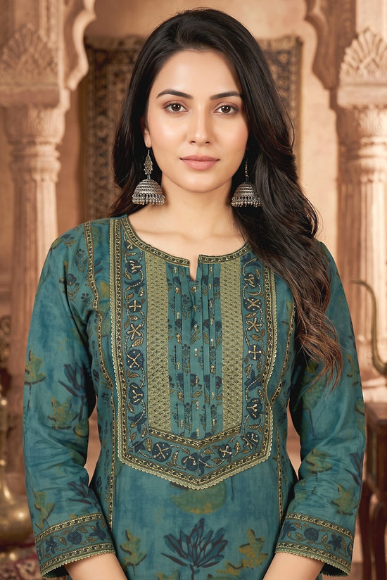 Sarika Teal Blue Cotton Straight Salwar Suit Set For Women