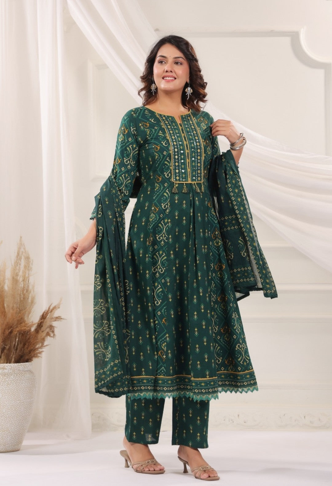 Rani Green Premium Cotton Anarkali Set With Dupatta