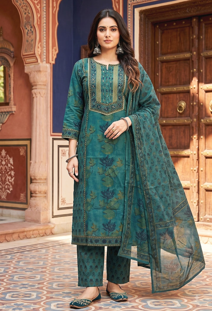 Sarika Teal Blue Cotton Straight Salwar Suit Set For Women