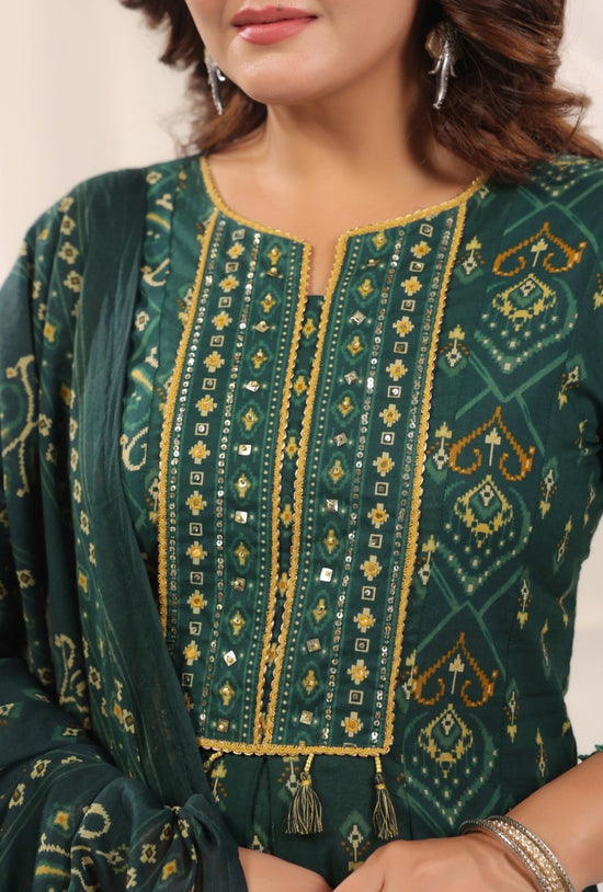 Rani Green Premium Cotton Anarkali Set With Dupatta