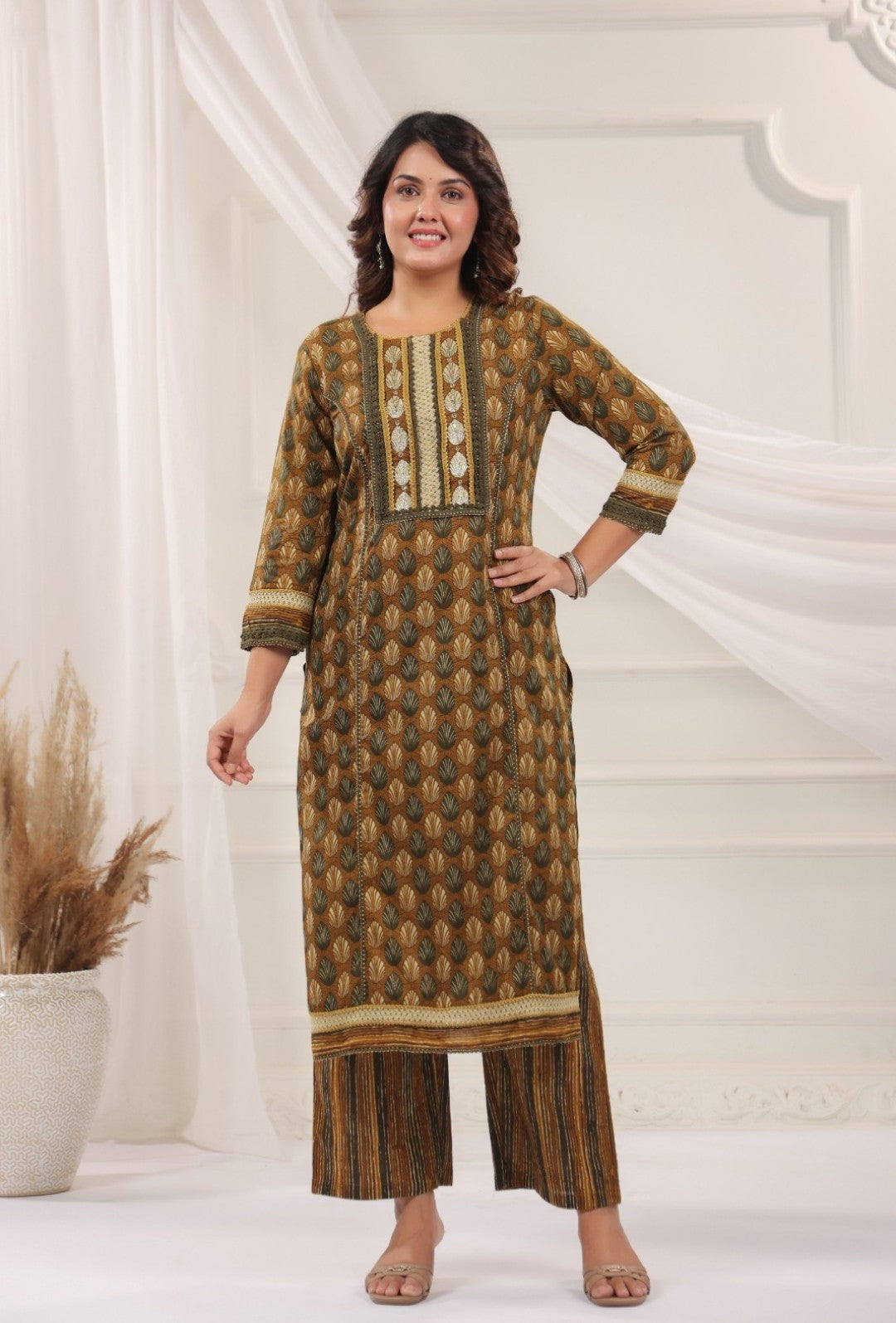 Rajeshwari Brown Cotton Straight Salwar Suit Set For Women