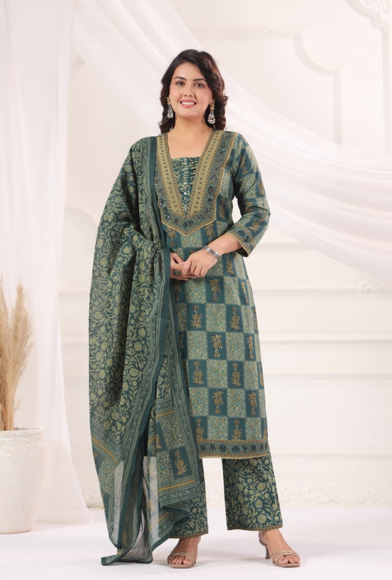Pranavi Teal Premium Cotton Straight Salwar Suit Set For Women
