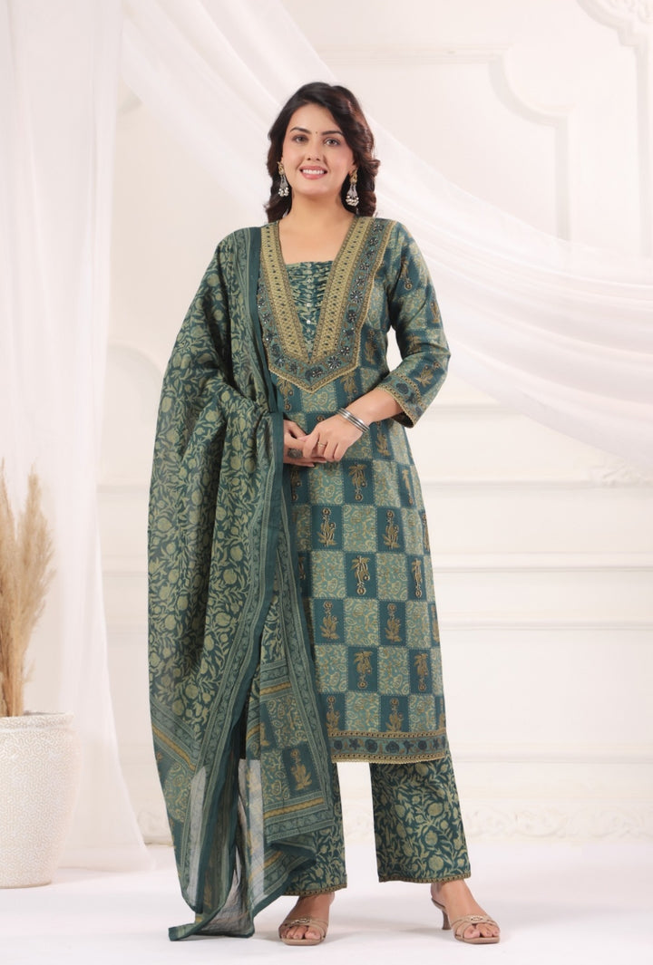 Pranavi Teal Premium Cotton Straight Salwar Suit Set For Women