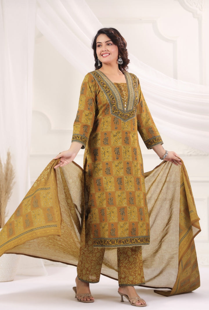 Nila Mustard Cotton Straight Salwar Suit Set For Women