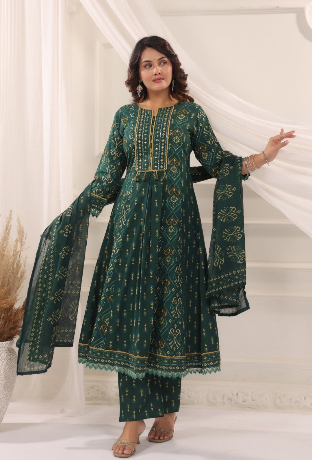 Rani Green Premium Cotton Anarkali Set With Dupatta