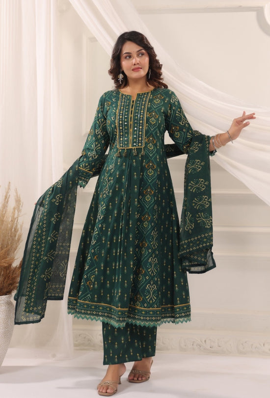 Rani Green Premium Cotton Anarkali Set With Dupatta