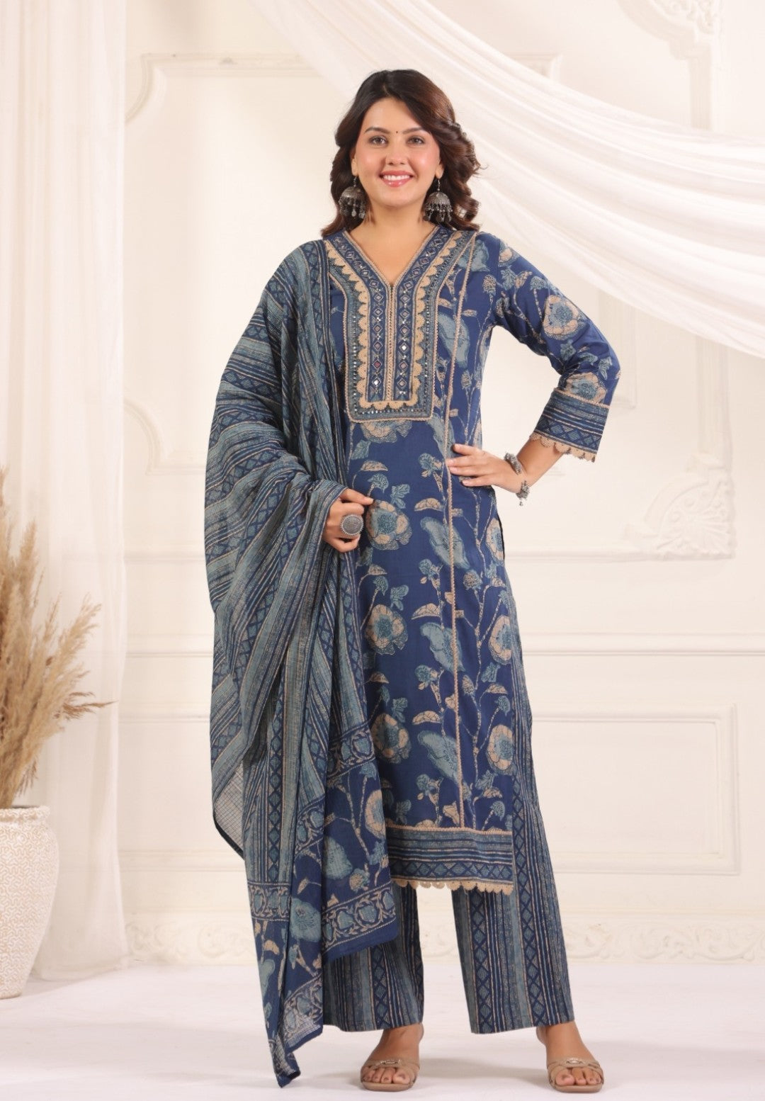 Lina Blue Cotton Salwar Suit Set For Women