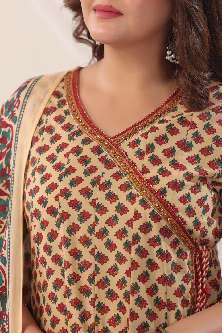 Ramya Beige Maroon Cotton Anarkali Suit Set For Women