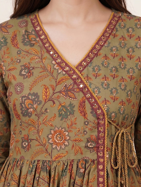 Eshana Olive Green Premium Cotton Anarkali Set With Dupatta