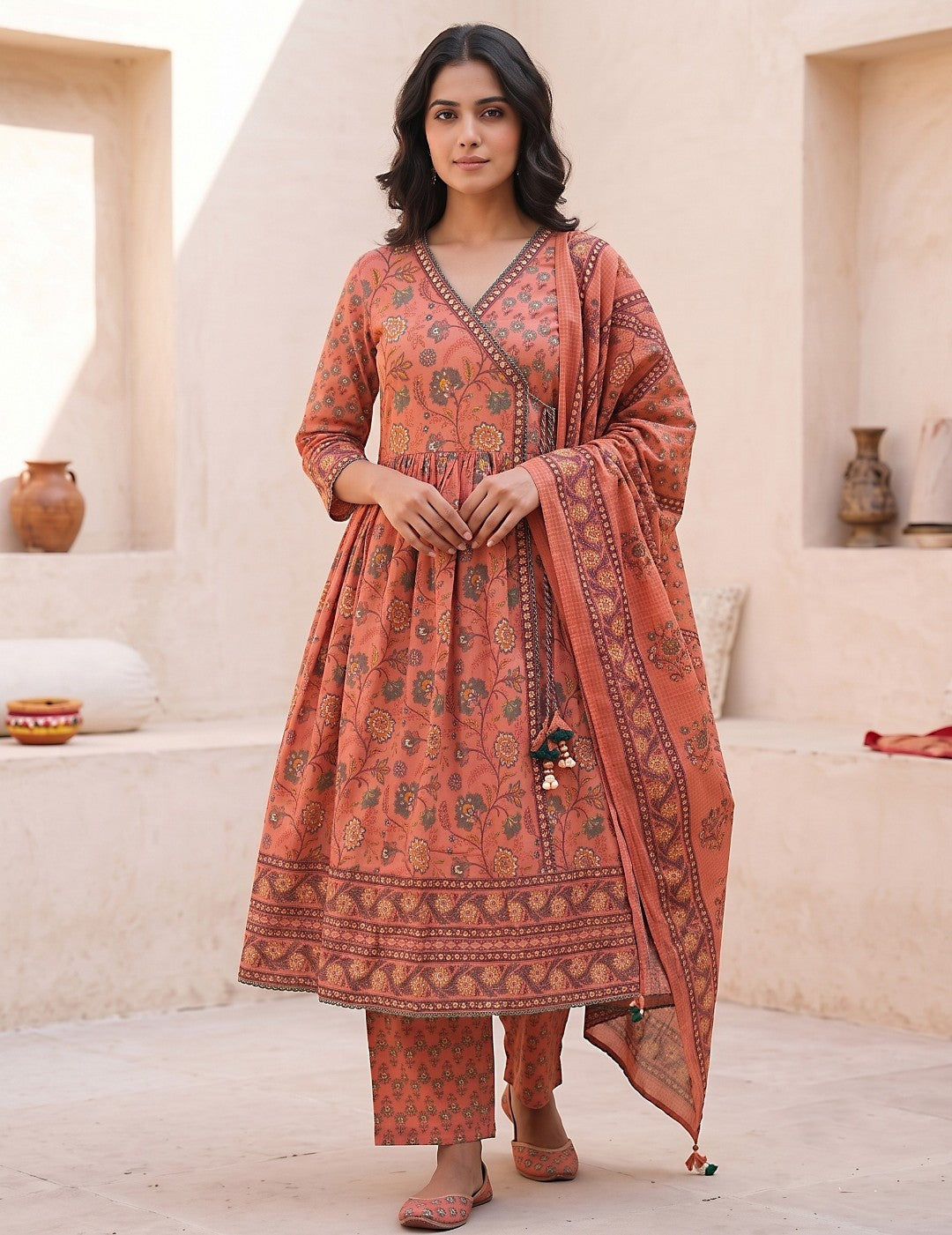 Chaitali Peach Premium Cotton Anarkali Set With Dupatta